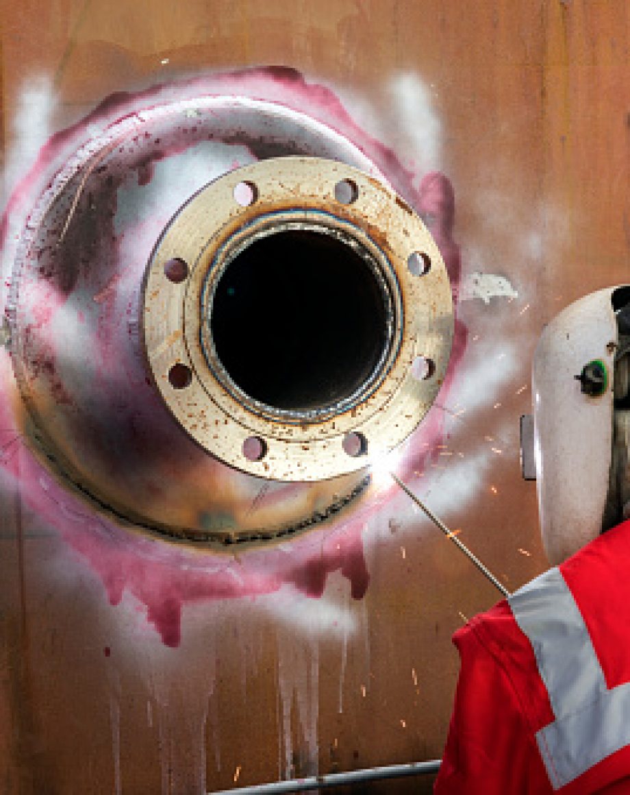 The welder is repairing to reinforcement plate of the nozzle of the storage tank after the liquid penetrant testing. Dye penetrant inspection, also called liquid penetrate inspection or penetrant testing is a widely applied and low-cost inspection method.